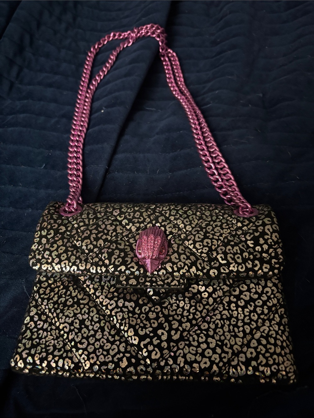 Kurt Geiger Holographic Leopard Shoulder Bag with Pink Chain Strap